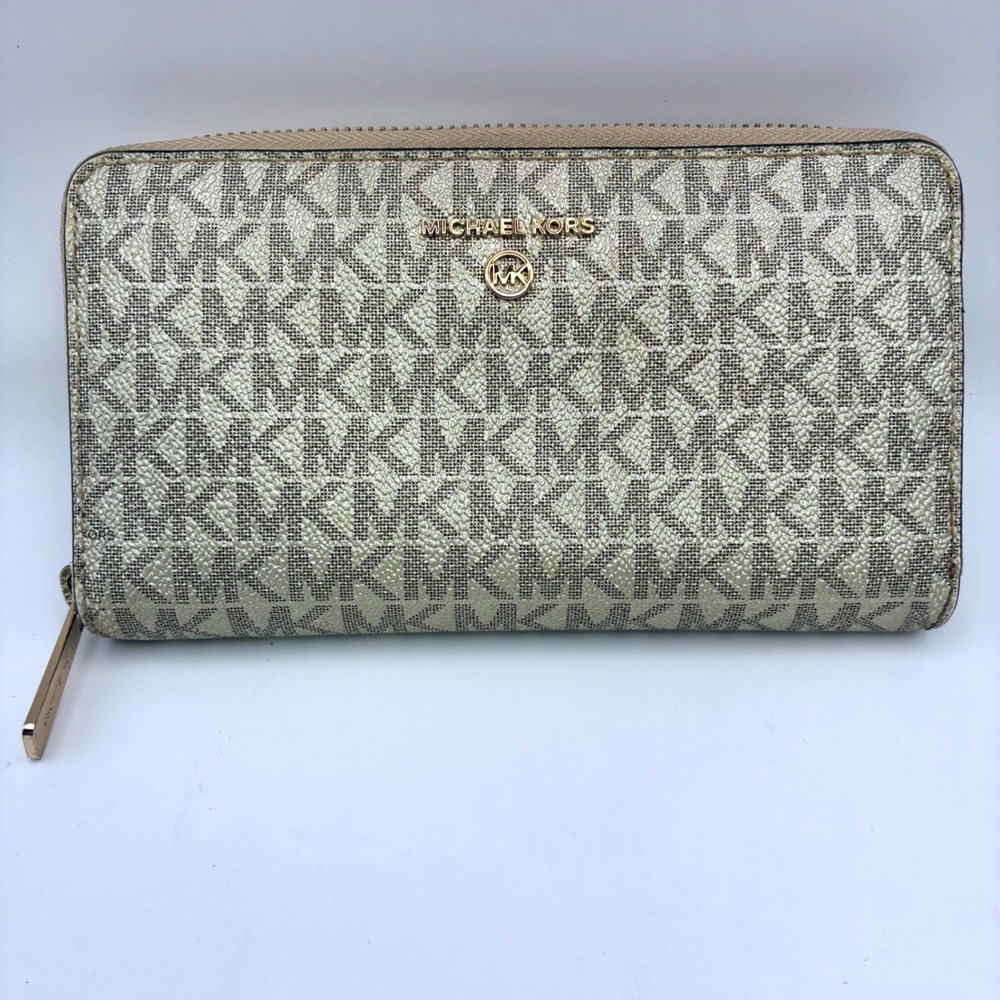 Michael Kors Gold Monogram Logo Zip Around Continental Wallet Gold Tone Hardware